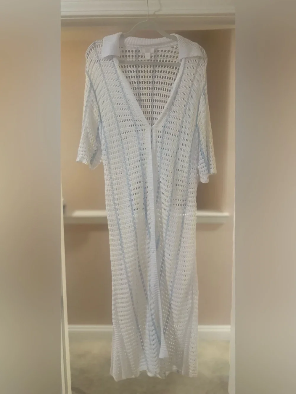 New Women’s Long Knit Crochet Cardigan Coverup White Blue Yellow Boho Beach L.